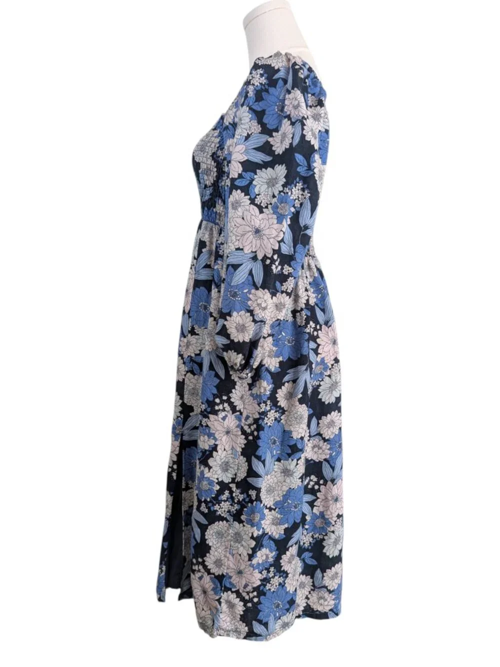 J.Crew Linen Day Dream Midi Dress Blue Zinnia Floral Puff Sleeves Petite Size MP